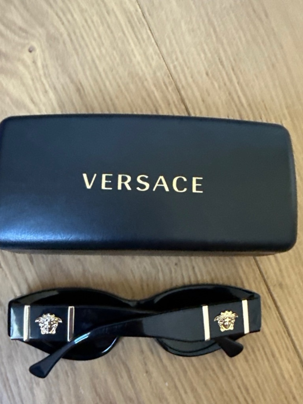 Versace Black and Gold Rectangular Sunglasses with Medusa Accents
